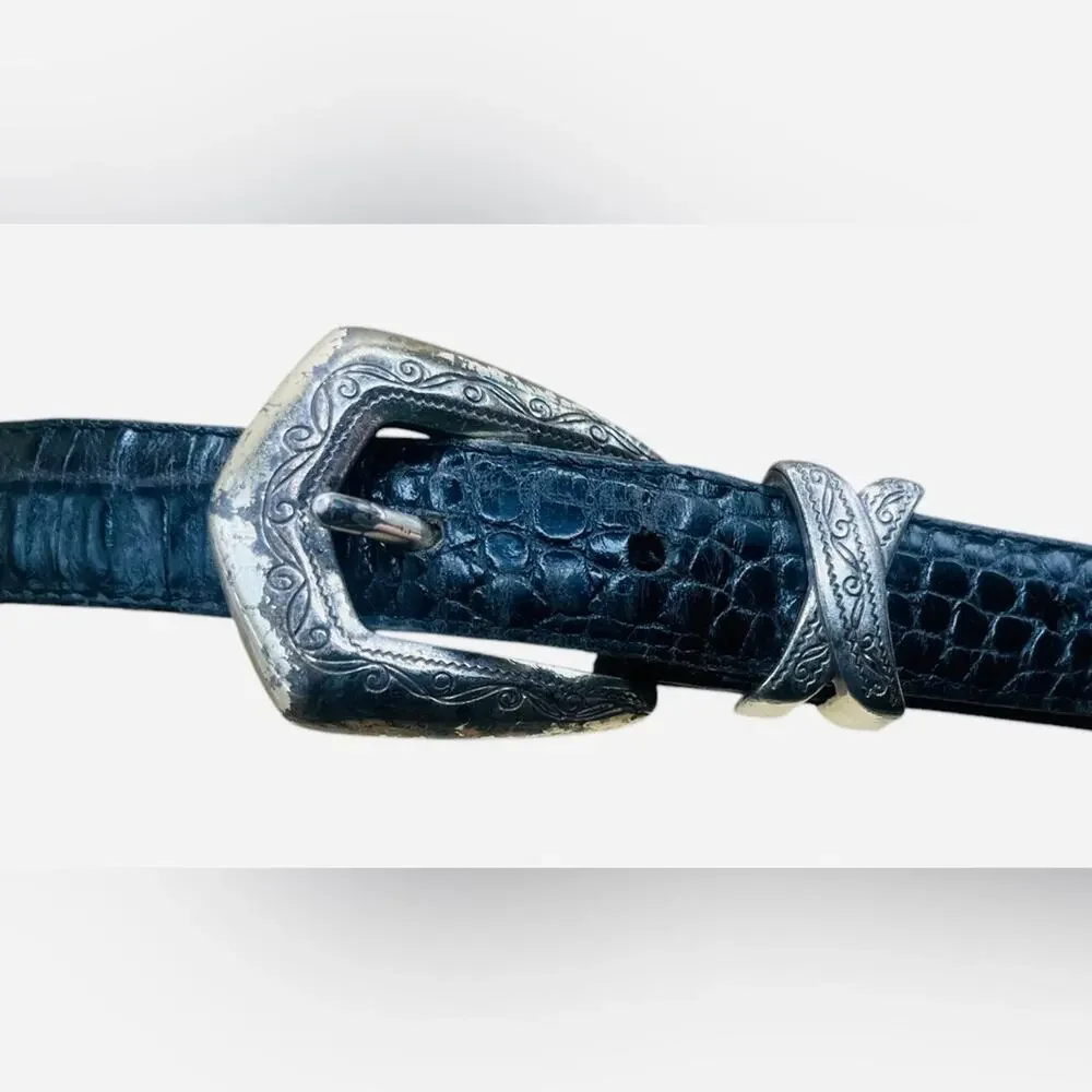 Vintage Brighton Silver & Black Croco Textured Belt with Silver Xs & Medallions